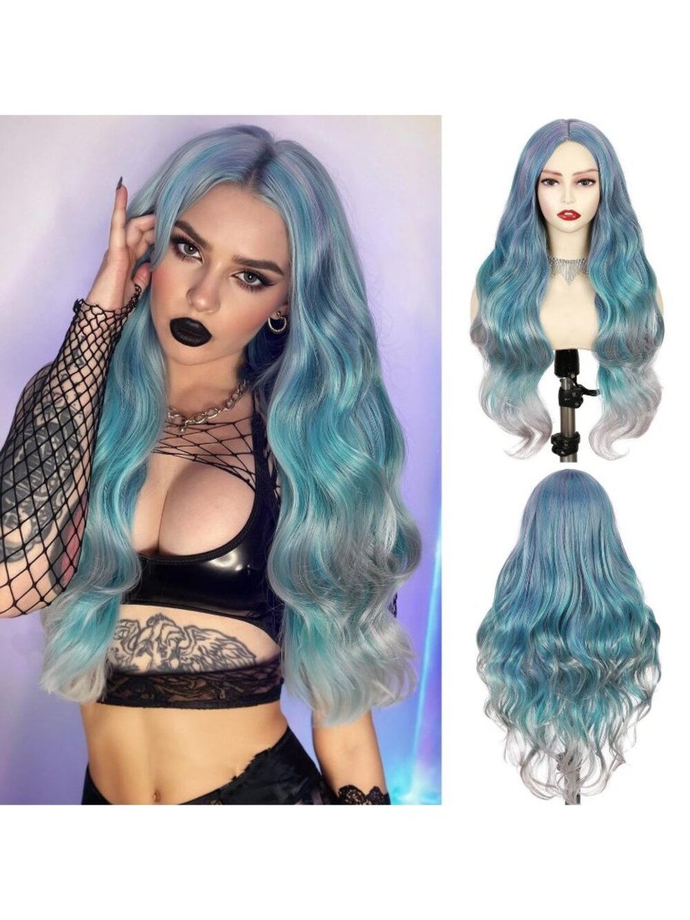 28Inch Women's Fashion Ombre Blue Soft Long Synthetic Wavy Curly Wig with Bangs
